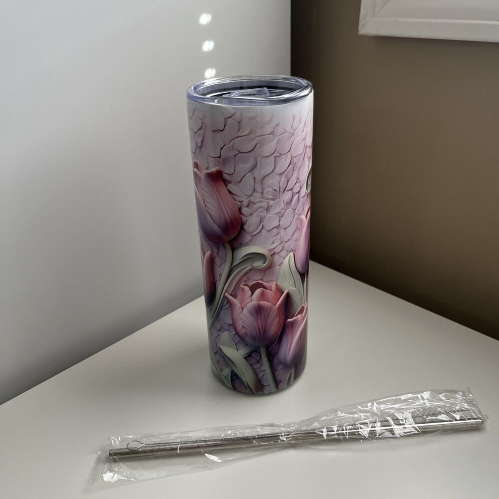 Custom Printed 20oz Tumbler Beautiful Tulip Design Lid Straw And Straw Cleaner